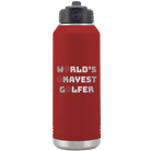 Laser etched maroon 32 oz vacuum insulated water bottle with 'Worlds Okayest Golfer' design