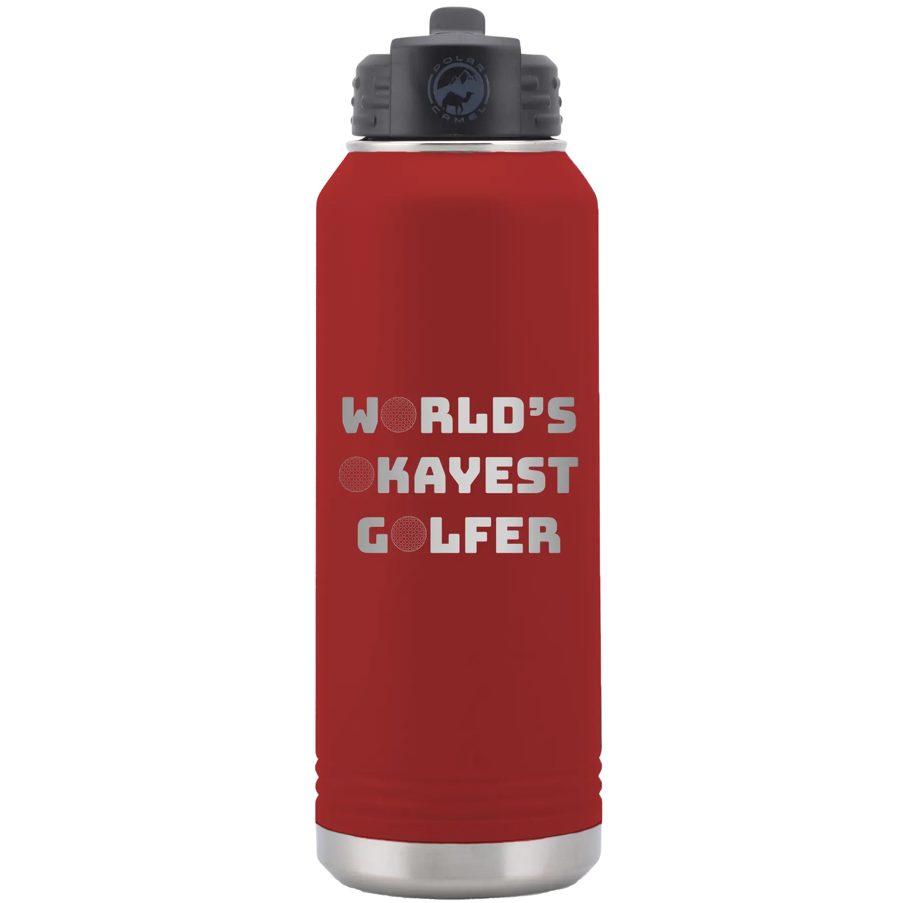 Laser etched maroon 32 oz vacuum insulated water bottle with 'Worlds Okayest Golfer' design