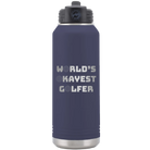 Laser etched navy 32 oz vacuum insulated water bottle with 'Worlds Okayest Golfer' design