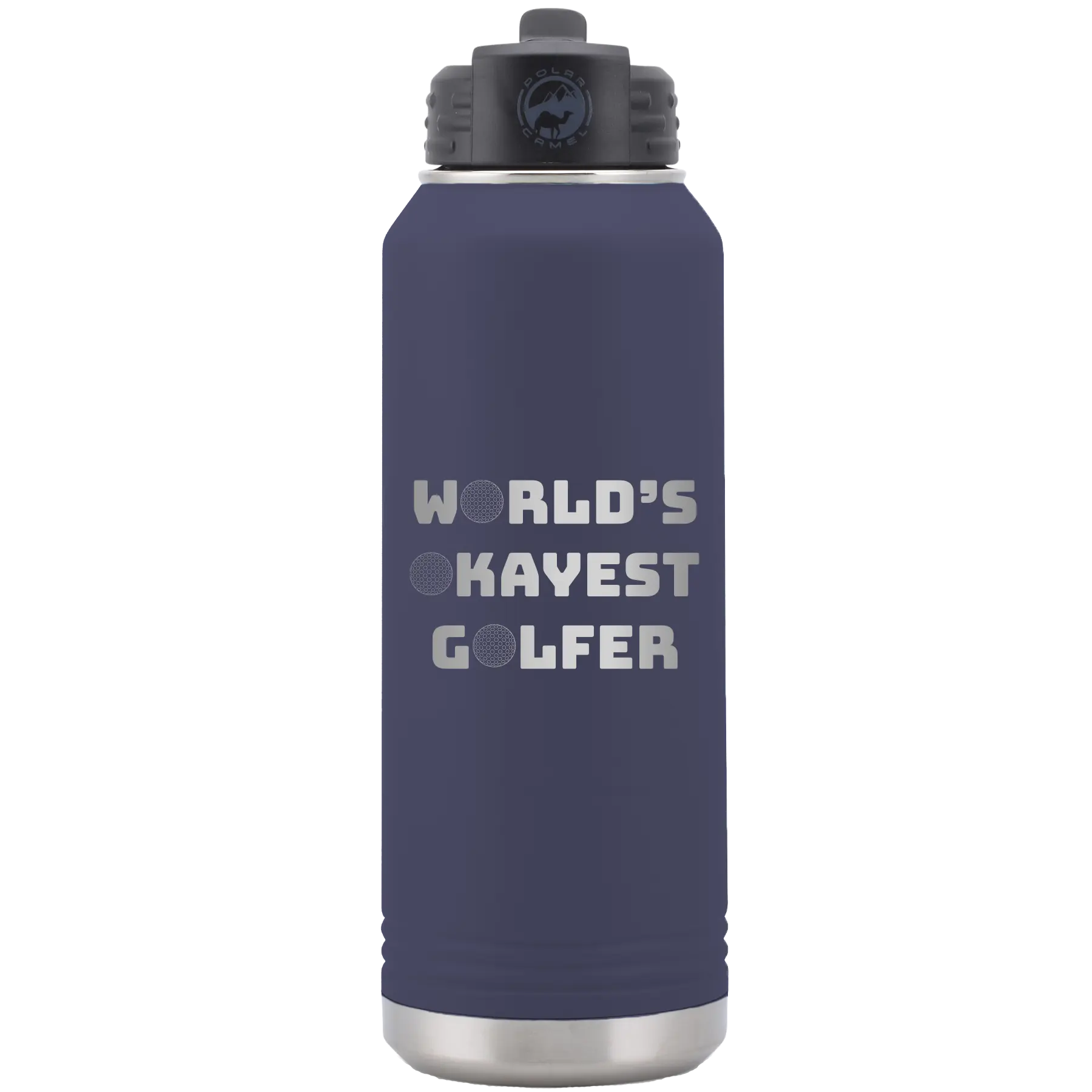 Laser etched navy 32 oz vacuum insulated water bottle with 'Worlds Okayest Golfer' design