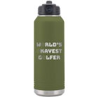 Laser etched olive green 32 oz vacuum insulated water bottle with 'Worlds Okayest Golfer' design