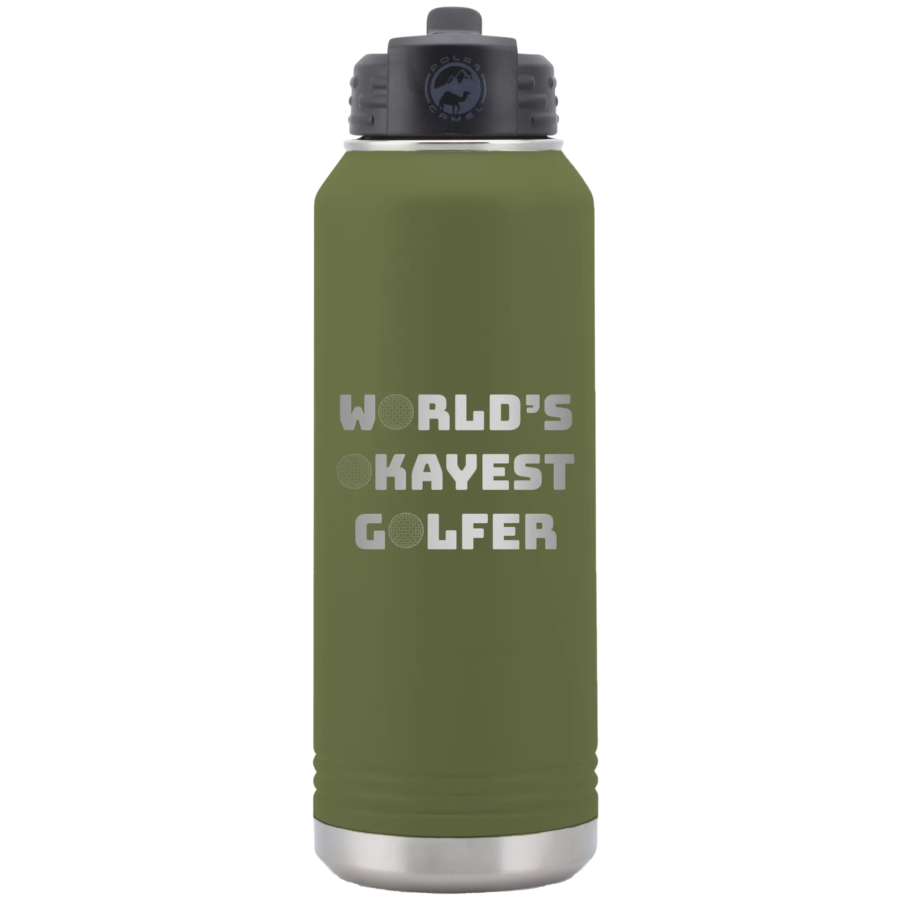 Laser etched olive green 32 oz vacuum insulated water bottle with 'Worlds Okayest Golfer' design