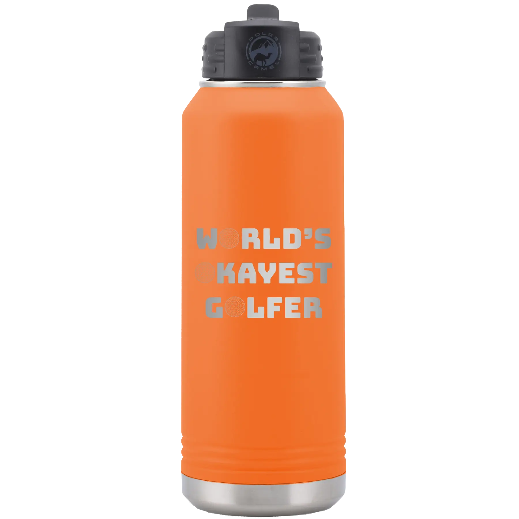 Laser etched orange 32 oz vacuum insulated water bottle with 'Worlds Okayest Golfer' design