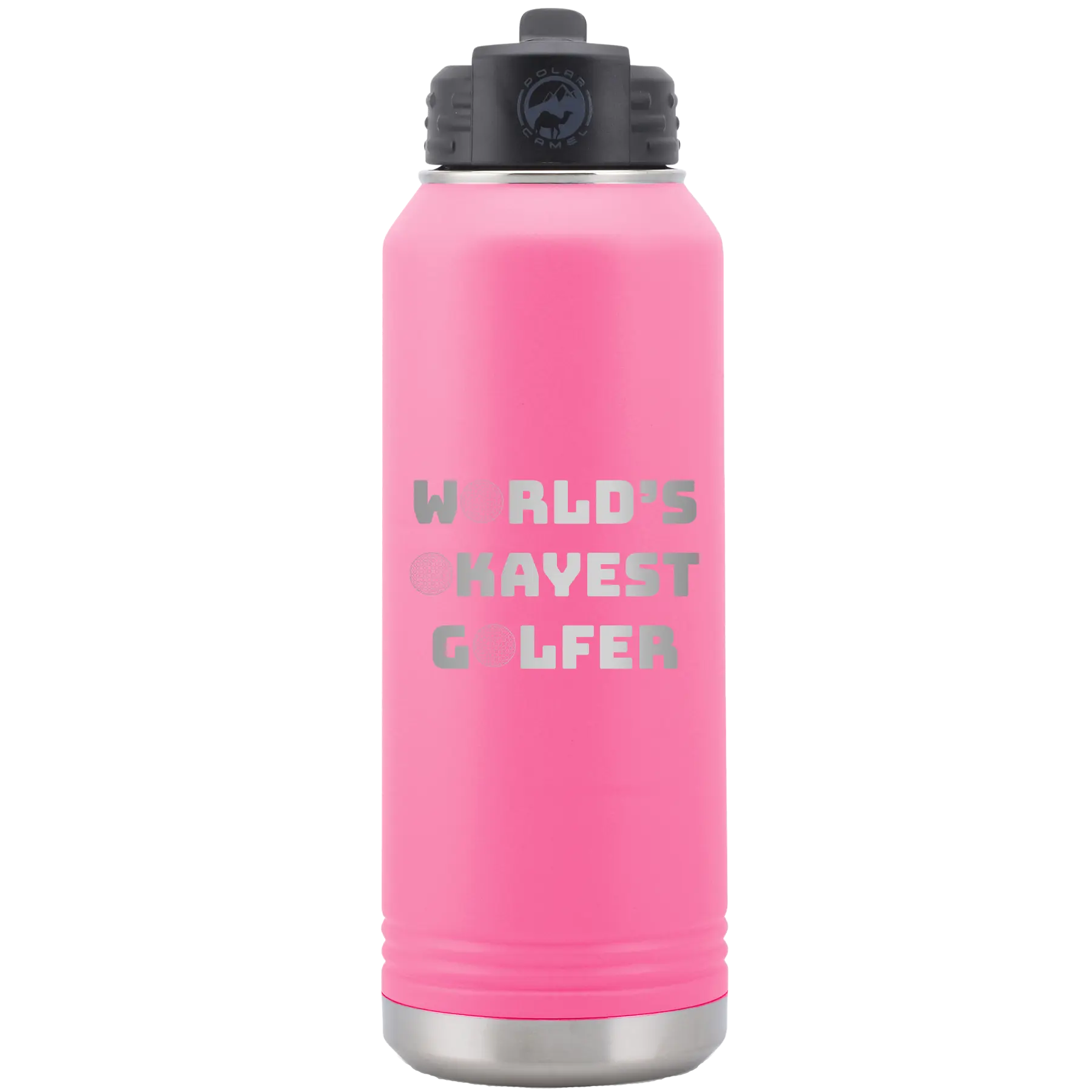 Laser etched pink 32 oz vacuum insulated water bottle with 'Worlds Okayest Golfer' design