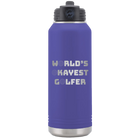 Laser etched purple 32 oz vacuum insulated water bottle with 'Worlds Okayest Golfer' design