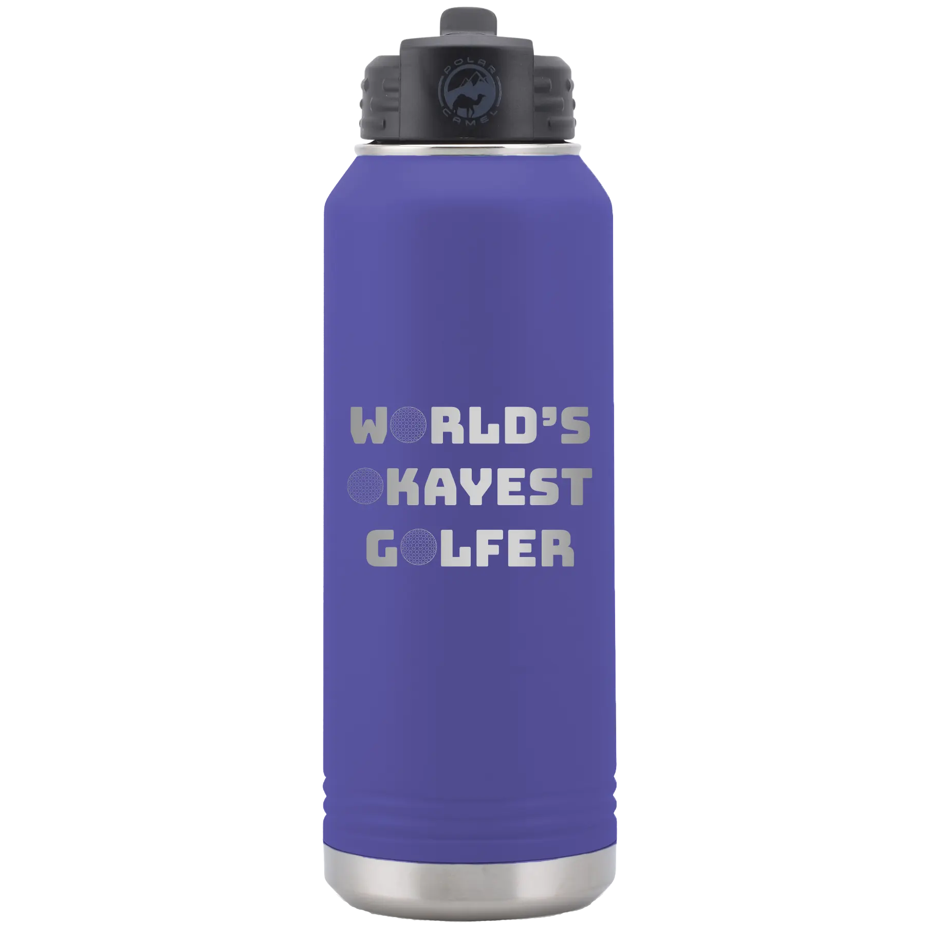 Laser etched purple 32 oz vacuum insulated water bottle with 'Worlds Okayest Golfer' design