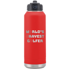 Laser etched red 32 oz vacuum insulated water bottle with 'Worlds Okayest Golfer' design