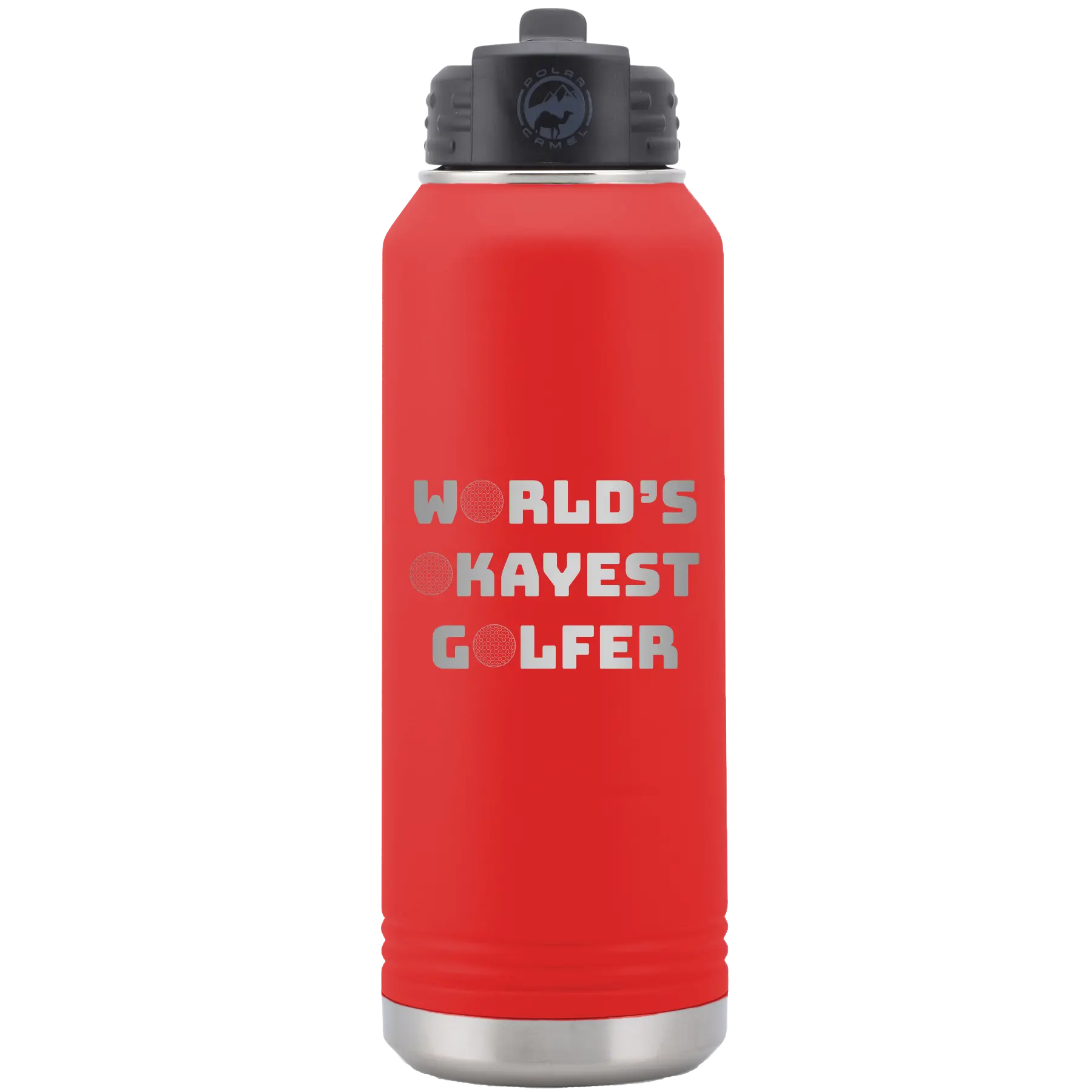 Laser etched red 32 oz vacuum insulated water bottle with 'Worlds Okayest Golfer' design
