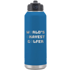 Laser etched royal blue 32 oz vacuum insulated water bottle with 'Worlds Okayest Golfer' design