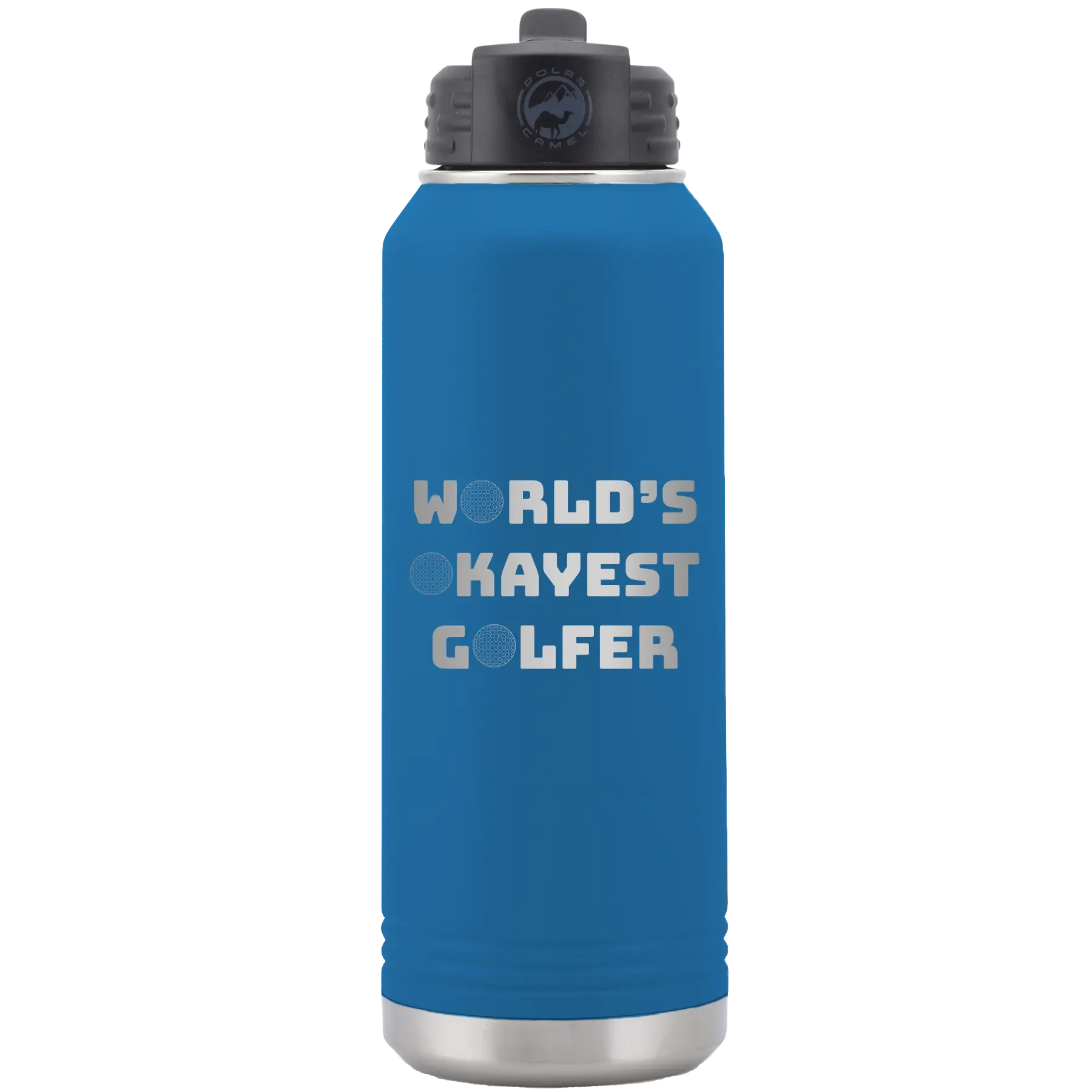 Laser etched royal blue 32 oz vacuum insulated water bottle with 'Worlds Okayest Golfer' design