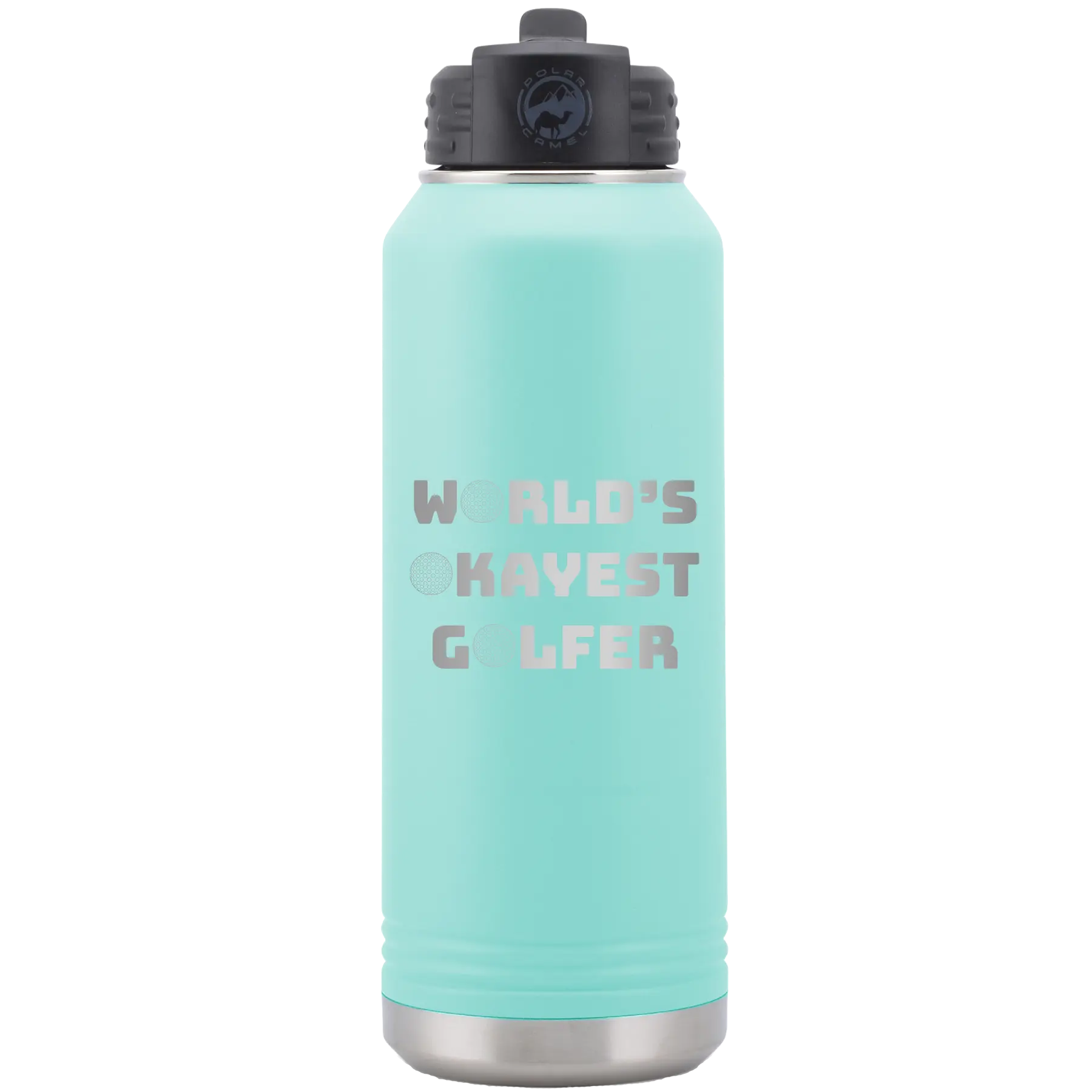 Laser etched teal 32 oz vacuum insulated water bottle with 'Worlds Okayest Golfer' design