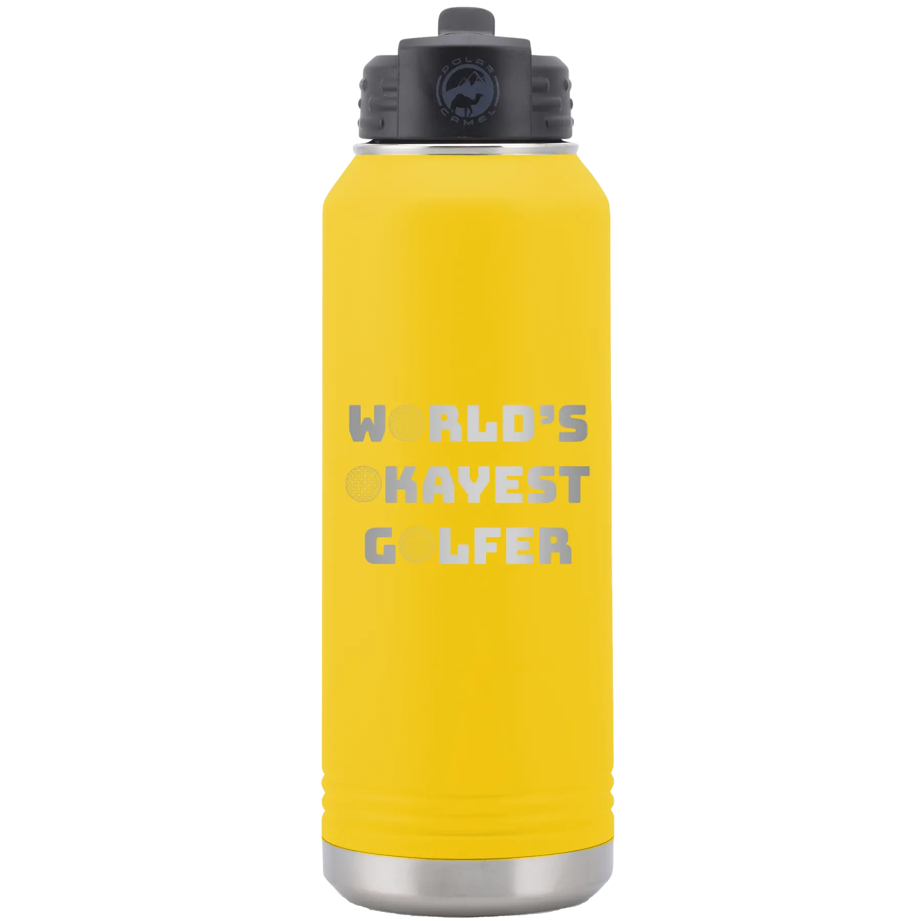 Laser etched yellow 32 oz vacuum insulated water bottle with 'Worlds Okayest Golfer' design