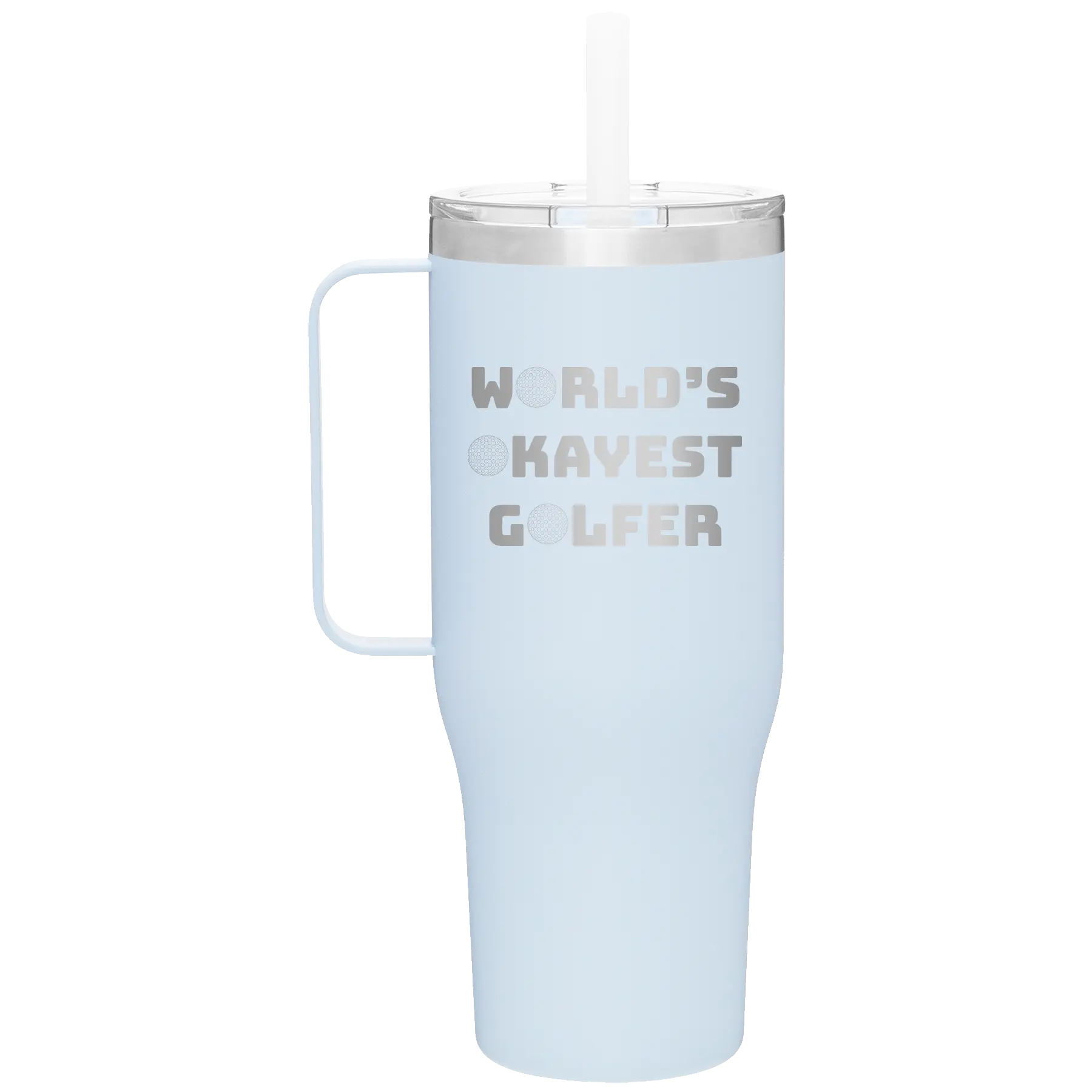 Personalized landfall 40 oz vacuum insulated tumbler mug with 'Worlds Okayest Golfer' design