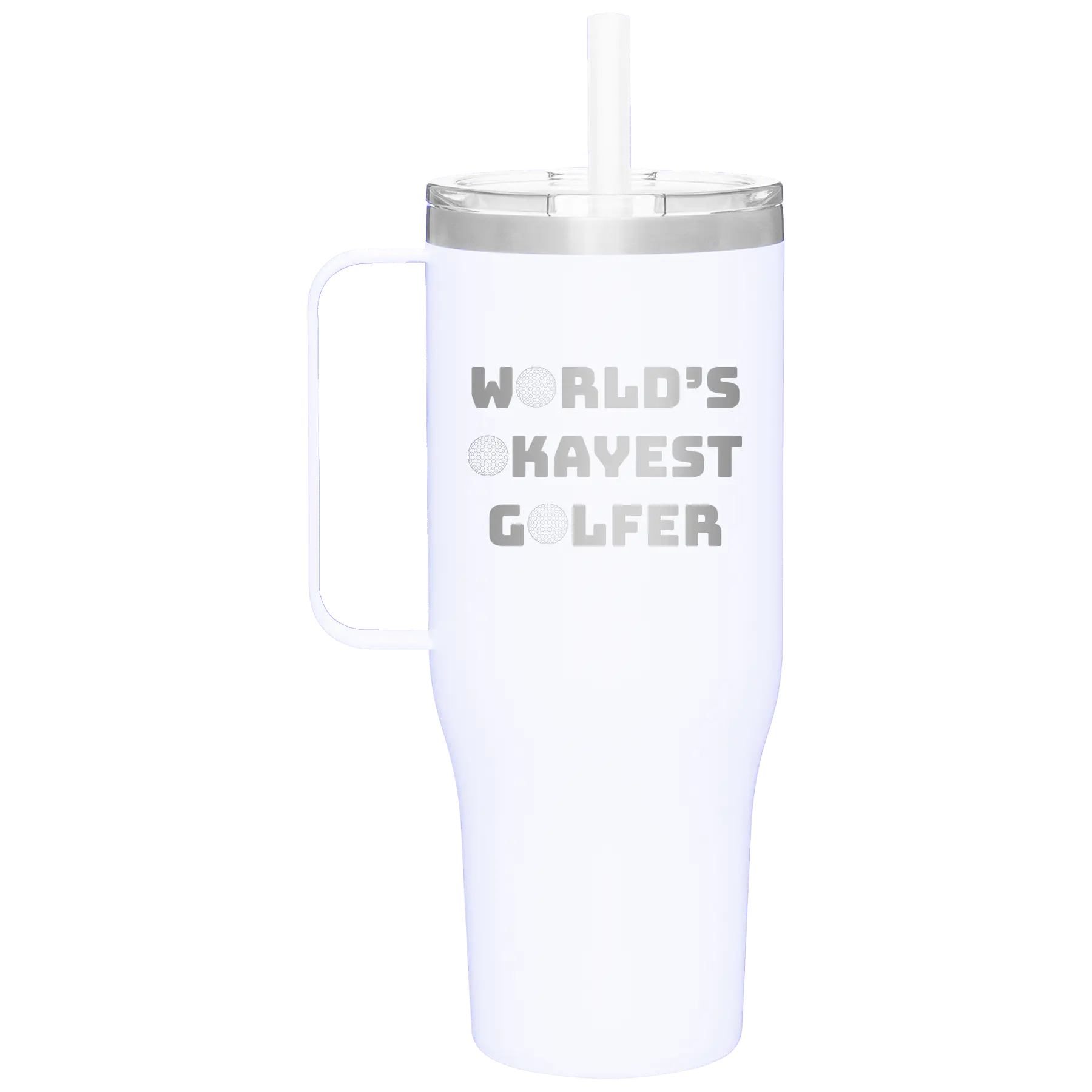 Personalized white 40 oz vacuum insulated tumbler mug with 'Worlds Okayest Golfer' design