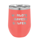Personalized coral 12 oz vacuum insulated wine cup with etched 'Worlds Okayest Golfer' design