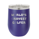 Personalized purple 12 oz vacuum insulated wine cup with etched 'Worlds Okayest Golfer' design