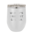 Personalized white 12 oz vacuum insulated wine cup with etched 'Worlds Okayest Golfer' design