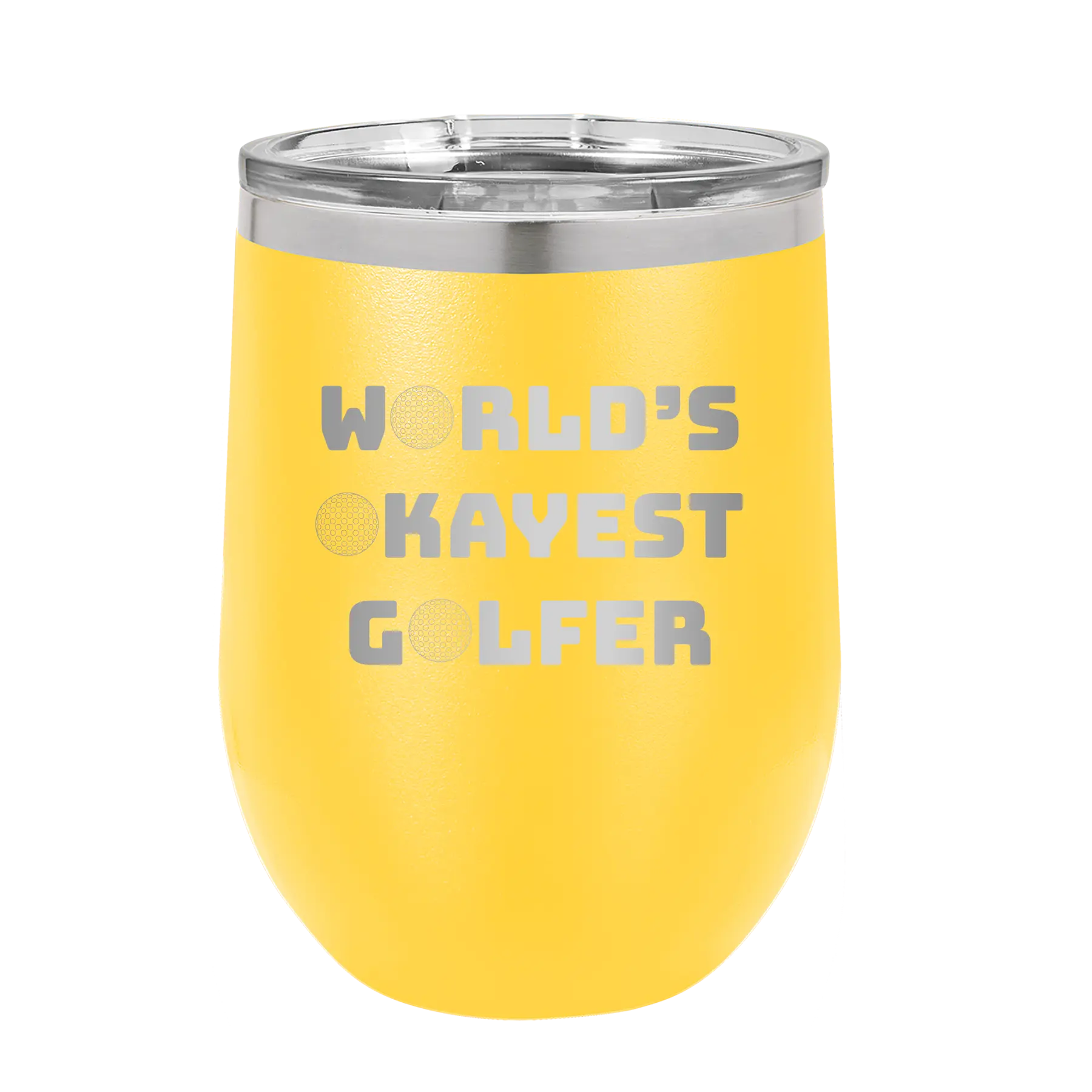 Personalized yellow 12 oz vacuum insulated wine cup with etched 'Worlds Okayest Golfer' design