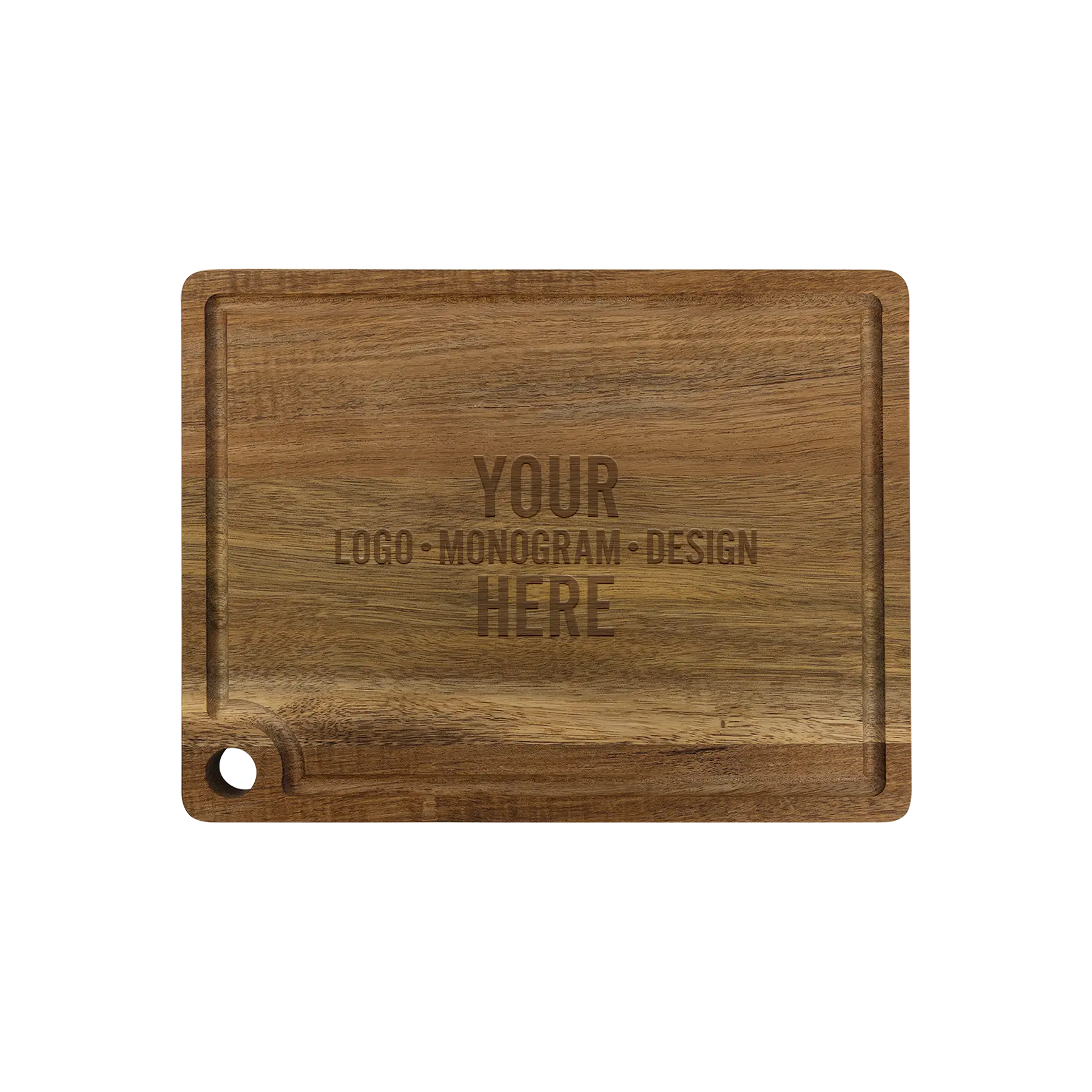 Personalized 11.5" x 8.75" Acacia Cutting Board with Drip Ring, laser etched with logo, monogram, or design
