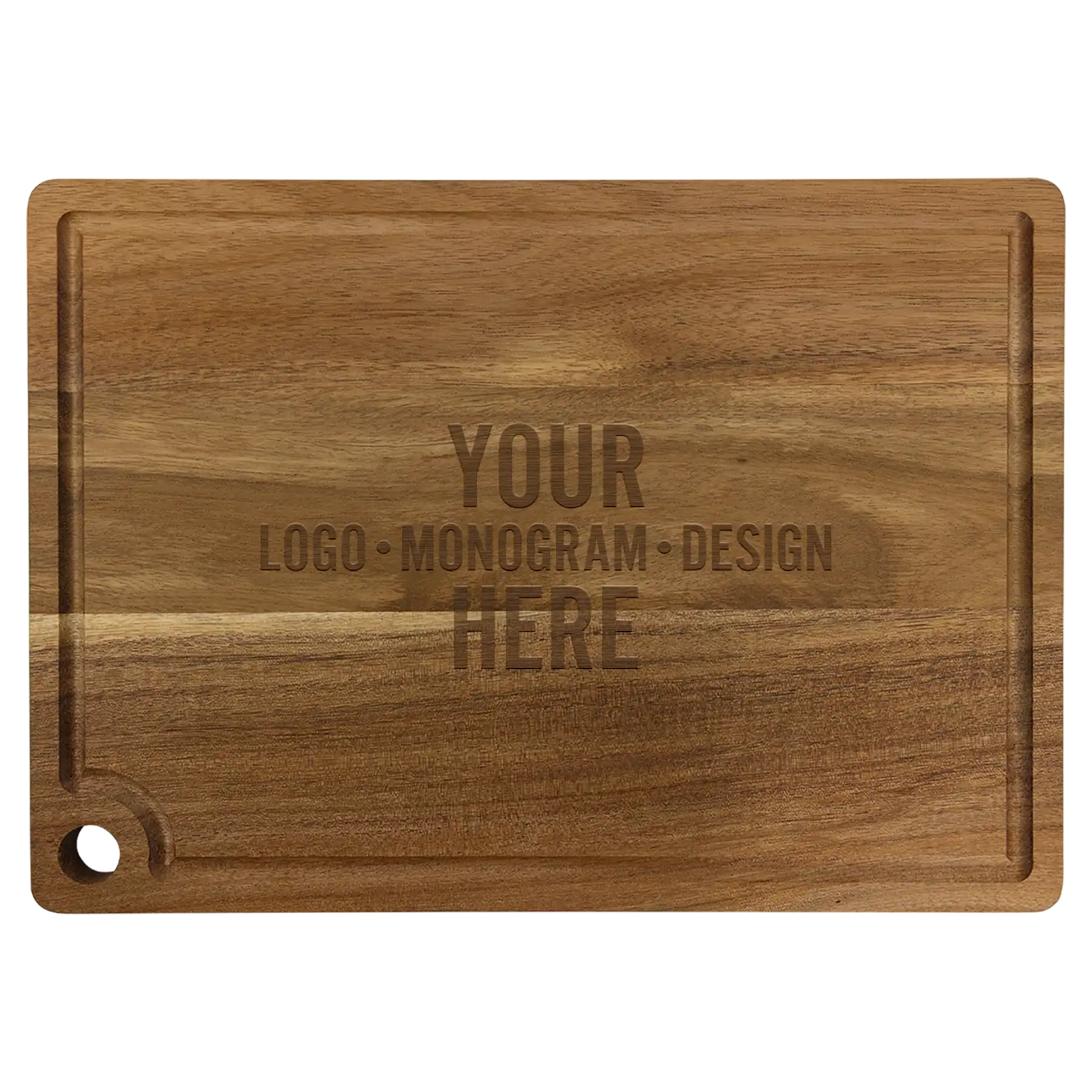 Personalized 13.75" x 9.75" Acacia Cutting Board with Drip Ring, laser etched with logo, monogram, or design