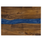 Personalized acacia serving board with blue pearl resin 15.75" x 11.75". Laser etched with logo, design, or message