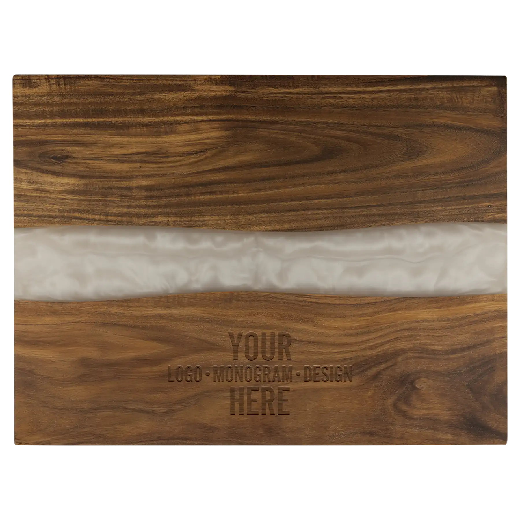 Personalized acacia serving board with white pearl resin 15.75" x 11.75". Laser etched with logo, design, or message