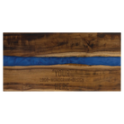 Personalized acacia serving board with blue pearl resin 18" x 9". Laser etched with logo, design, or message