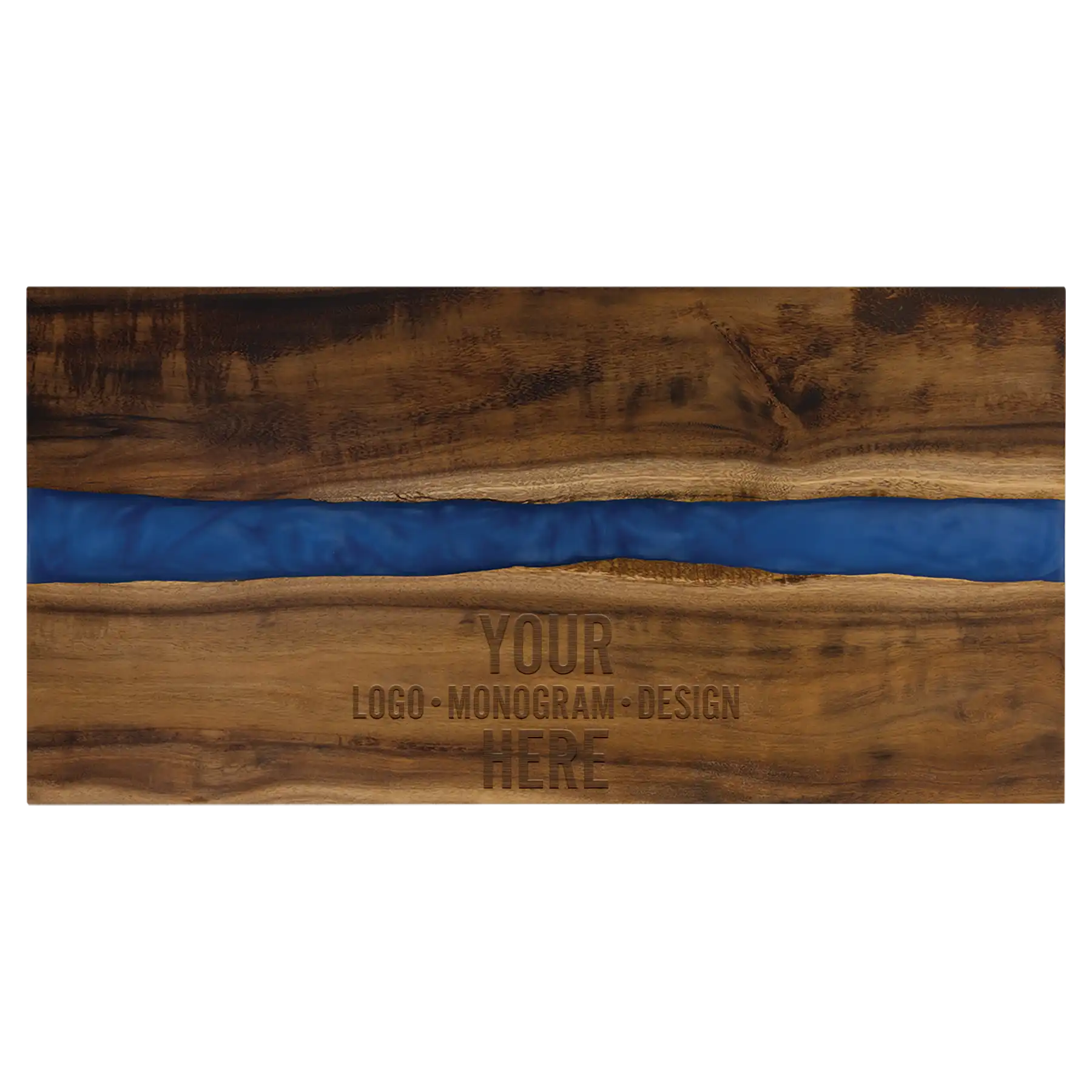 Personalized acacia serving board with blue pearl resin 18" x 9". Laser etched with logo, design, or message