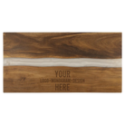 Personalized acacia serving board with white pearl resin 18" x 9". Laser etched with logo, design, or message
