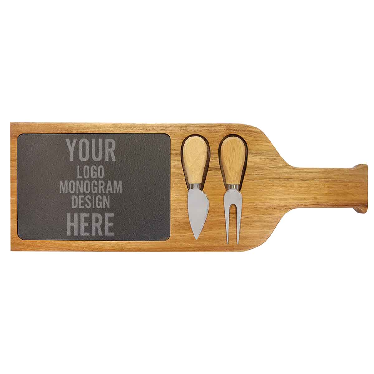 acacia wood and slate serving board with two tools