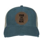 Custom navy Adam's Ollie Distressed Trucker Hat with laser etched circle leatherette patch