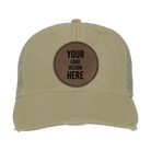 Custom khaki Adam's Ollie Distressed Trucker Hat with laser etched circle stitch leatherette patch