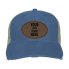 Custom royal blue Adam's Ollie Distressed Trucker Hat with laser etched oval stitch leatherette patch