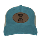 Custom teal Adam's Ollie Distressed Trucker Hat with laser etched oval stitch leatherette patch