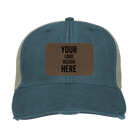 Custom navy Adam's Ollie Distressed Trucker Hat with laser etched rectangle leatherette patch