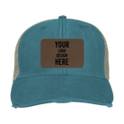 Custom teal Adam's Ollie Distressed Trucker Hat with laser etched rectangle leatherette patch