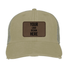 Custom khaki Adam's Ollie Distressed Trucker Hat with laser etched rectangle stitch leatherette patch