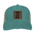 Custom forest Adam's Ollie Distressed Trucker Hat with laser etched square leatherette patch
