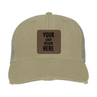 Custom khaki Adam's Ollie Distressed Trucker Hat with laser etched square leatherette patch