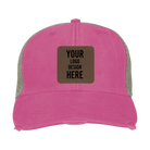 Custom neon pink Adam's Ollie Distressed Trucker Hat with laser etched square leatherette patch