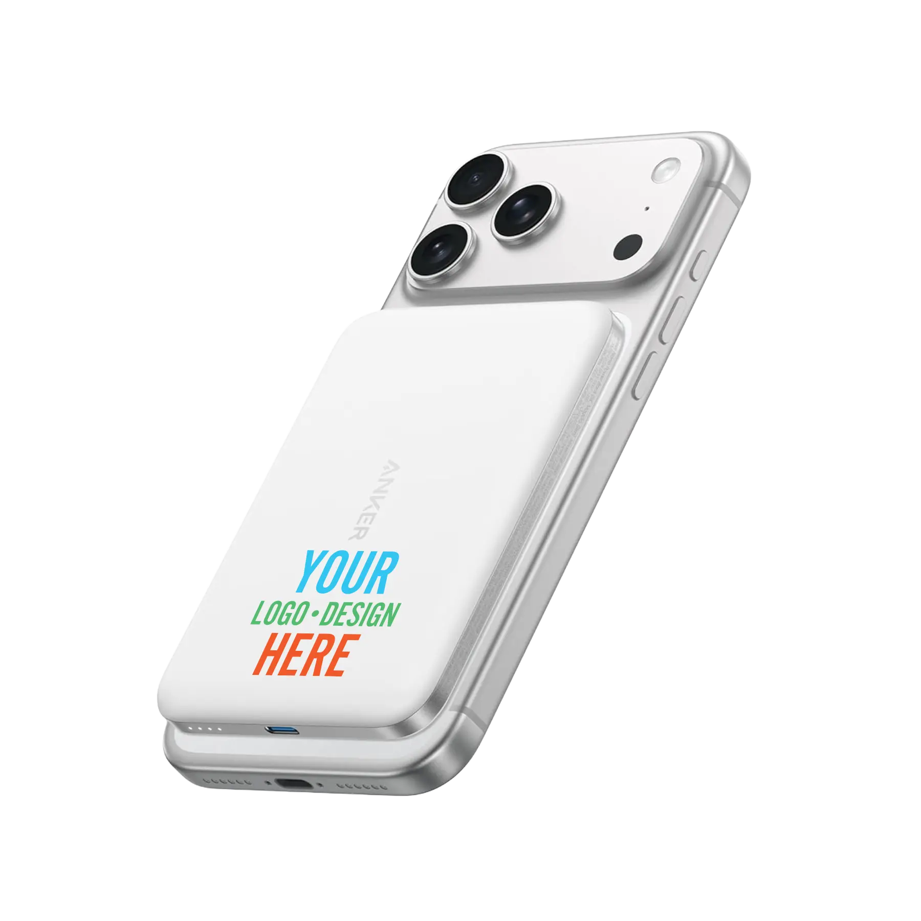 Custom Anker Magsafe Nano Power Bank Charger with full color logo or design shown on an iPhone Pro