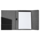 Open view of 7 x 9 canvas portfolio showing lined notepad, black leatherette angled card pocket, and elastic pen loop.