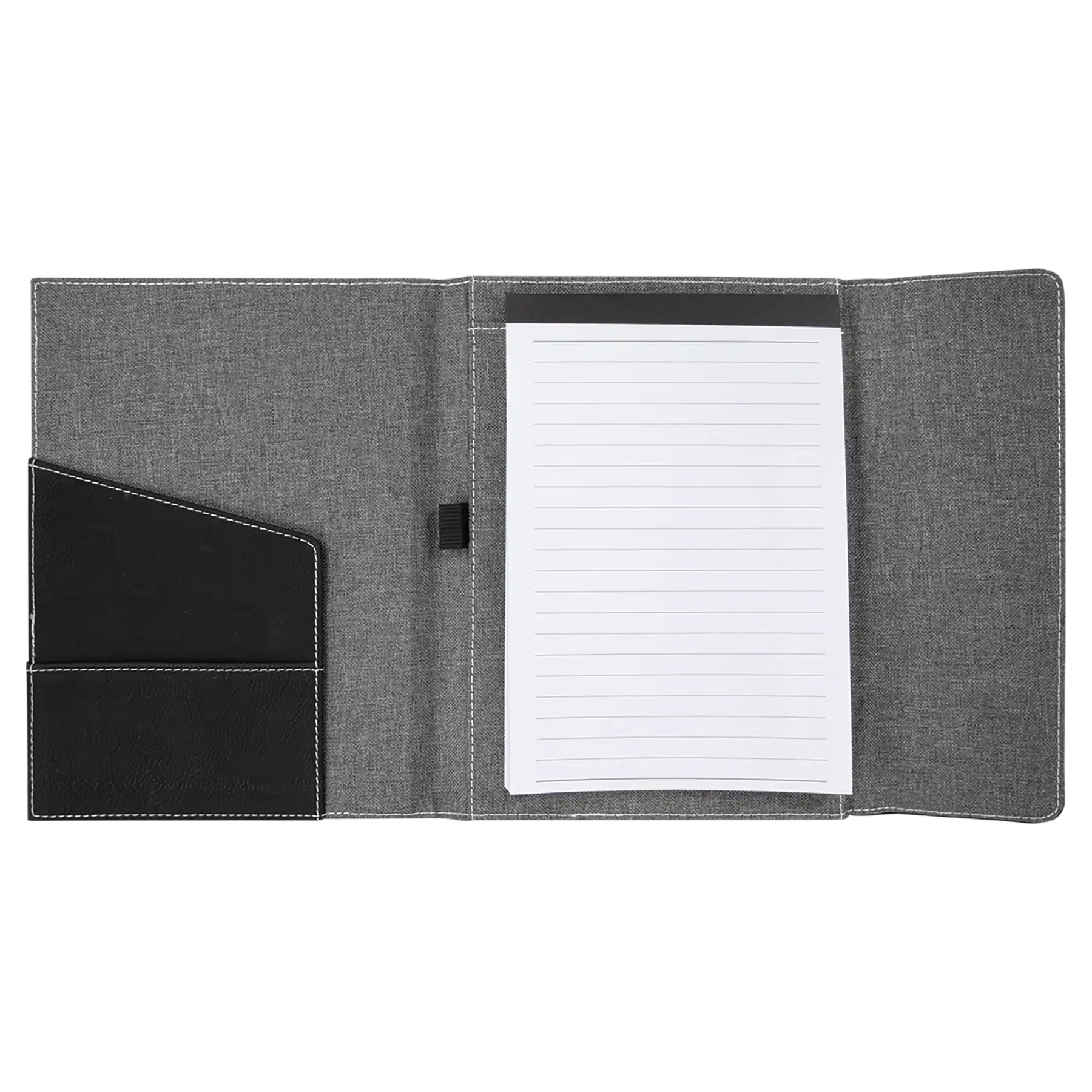 Open view of 7 x 9 canvas portfolio showing lined notepad, black leatherette angled card pocket, and elastic pen loop.