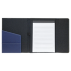 Open view of 7 x 9 canvas portfolio showing lined notepad, blue/black leatherette angled card pocket, and elastic pen loop.