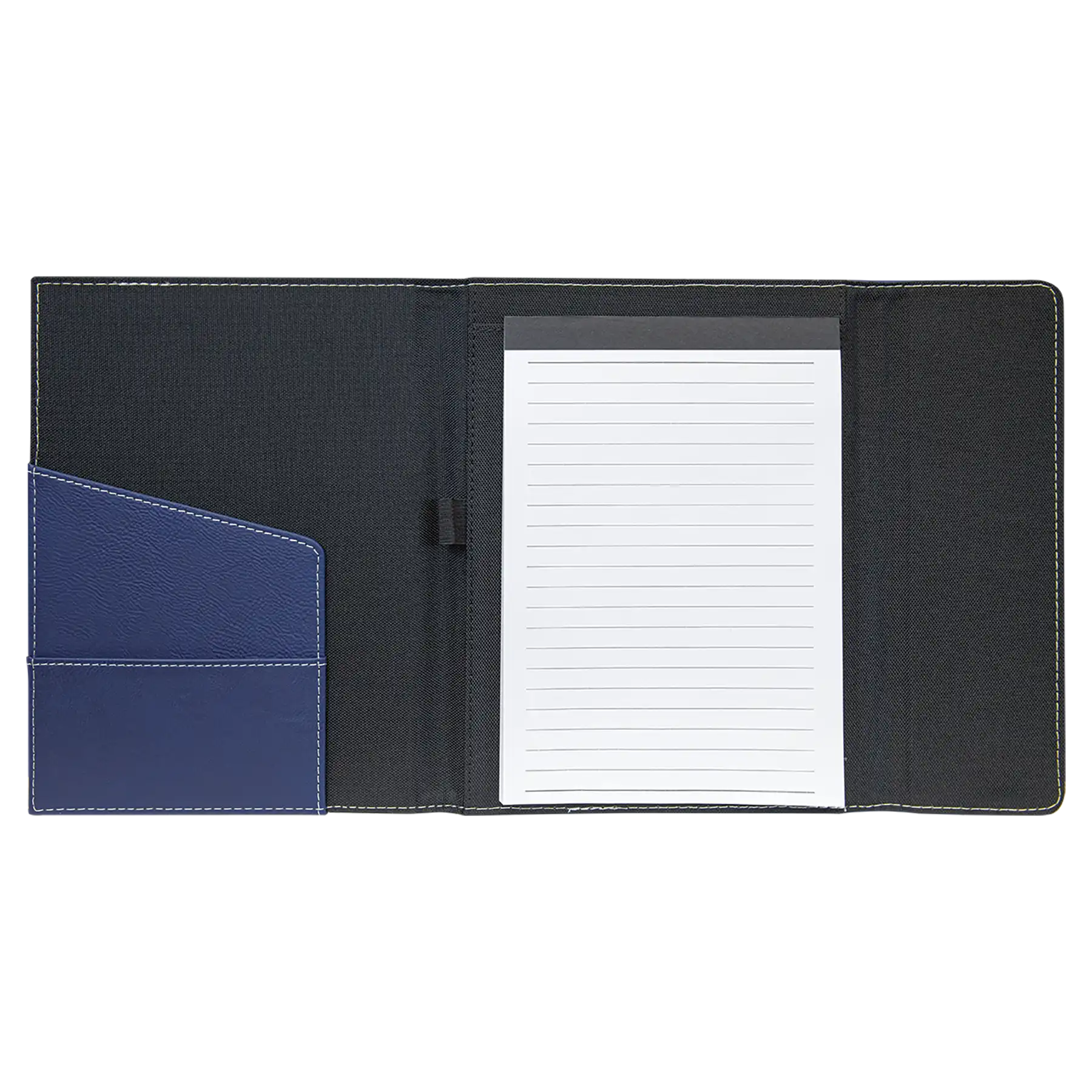 Open view of 7 x 9 canvas portfolio showing lined notepad, blue/black leatherette angled card pocket, and elastic pen loop.