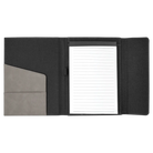 Open view of 7 x 9 canvas portfolio showing lined notepad, gray leatherette angled card pocket, and elastic pen loop.
