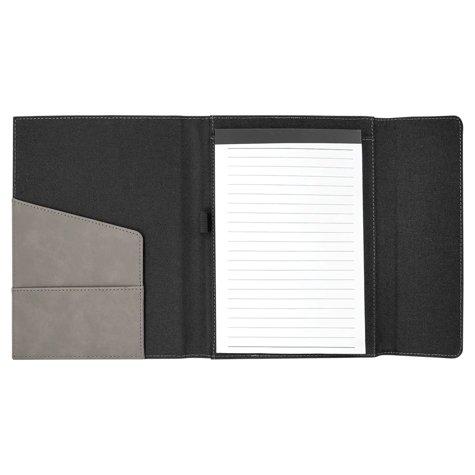 Open view of 7 x 9 canvas portfolio showing lined notepad, gray leatherette angled card pocket, and elastic pen loop.