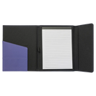 Open view of 7 x 9 canvas portfolio showing lined notepad, purple leatherette angled card pocket, and elastic pen loop.