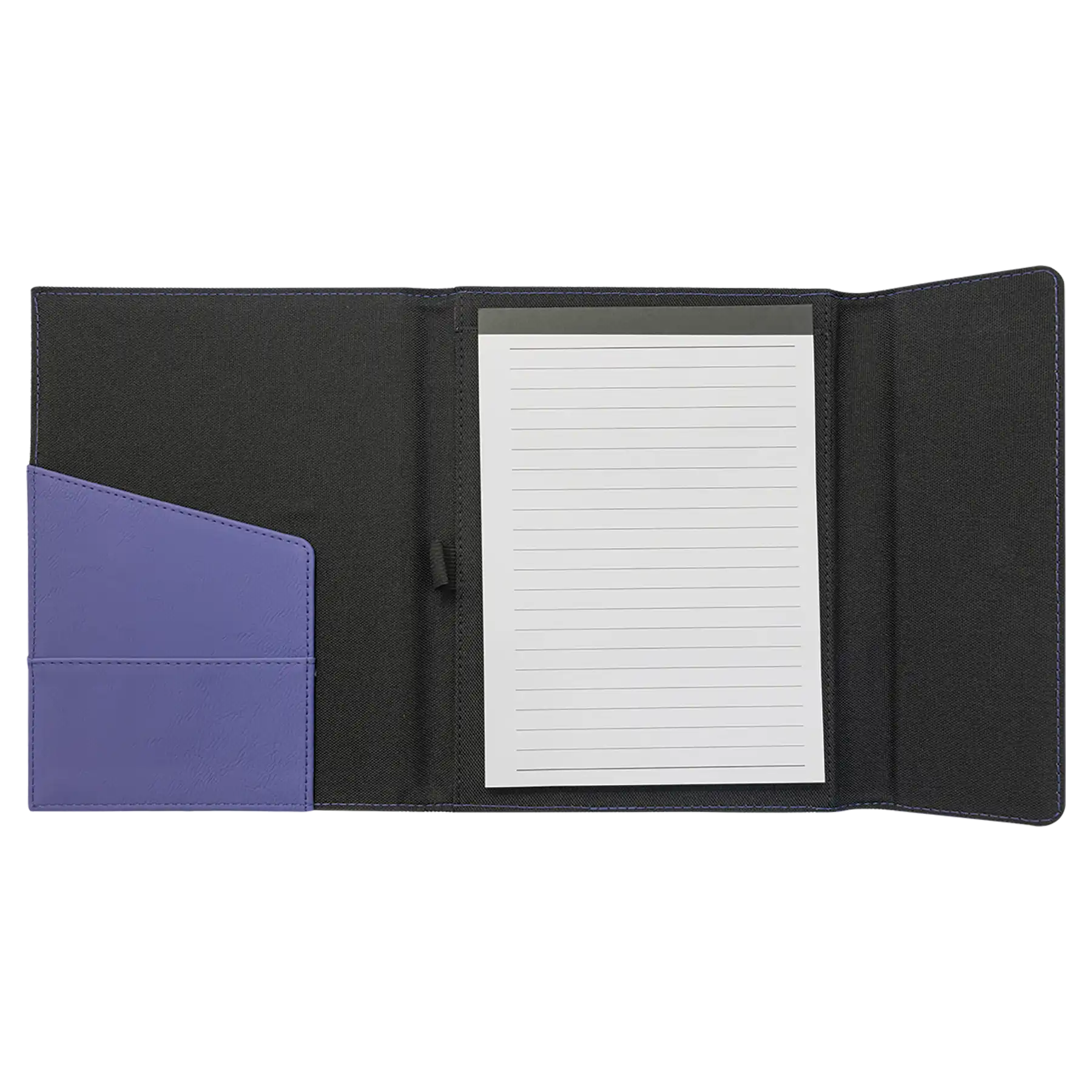 Open view of 7 x 9 canvas portfolio showing lined notepad, purple leatherette angled card pocket, and elastic pen loop.