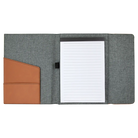 Open view of 7 x 9 canvas portfolio showing lined notepad, rawhide leatherette angled card pocket, and elastic pen loop.